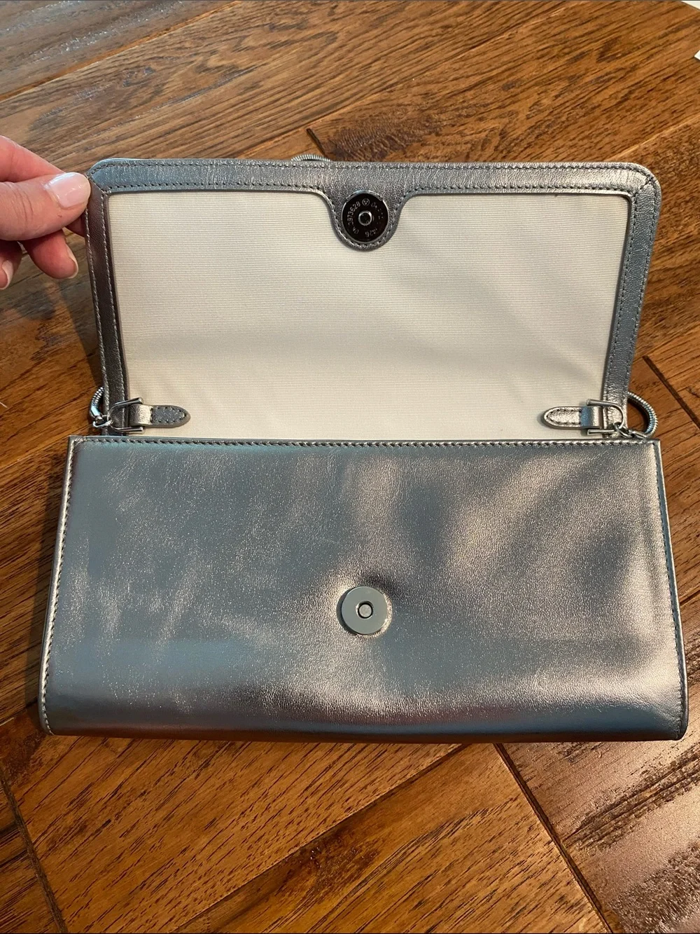 Lauren Ralph Lauren Metallic Silver Leather Bow Clutch with Chain Strap